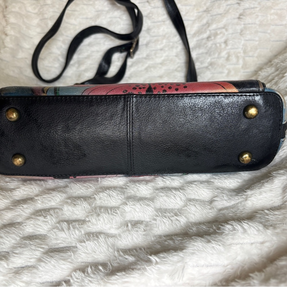 Anuschka Hand Painted Leather Floral Crossbody Organizer Antique Brass Hardware - Picture 3 of 10